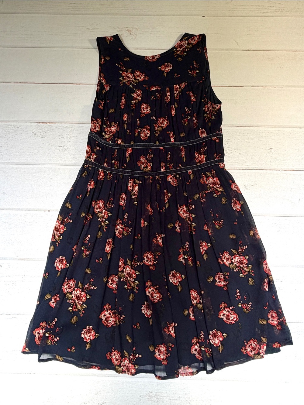 Abercrombie & Fitch Y2K 2000’s Navy Floral Velvet Trim Midi Dress L - Picture 7 of 11